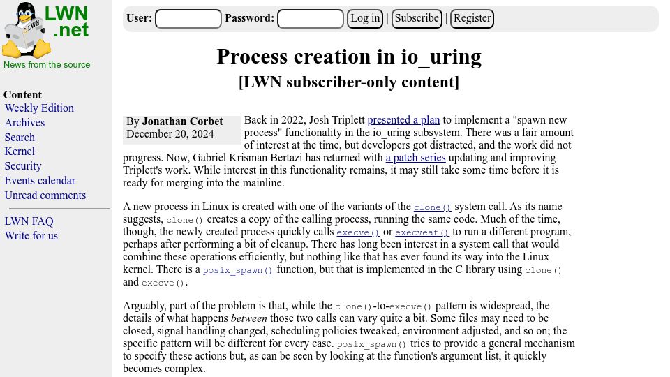 Screenshot of lwn.net: Process Creation in Io_uring