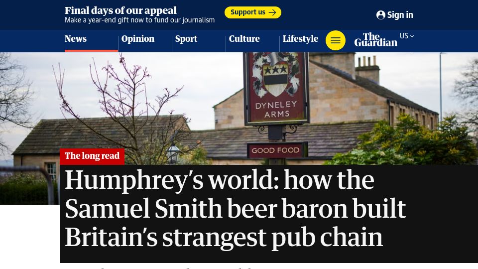 Screenshot of theguardian.com: How the Samuel Smith beer baron built Britain's strangest pub chain