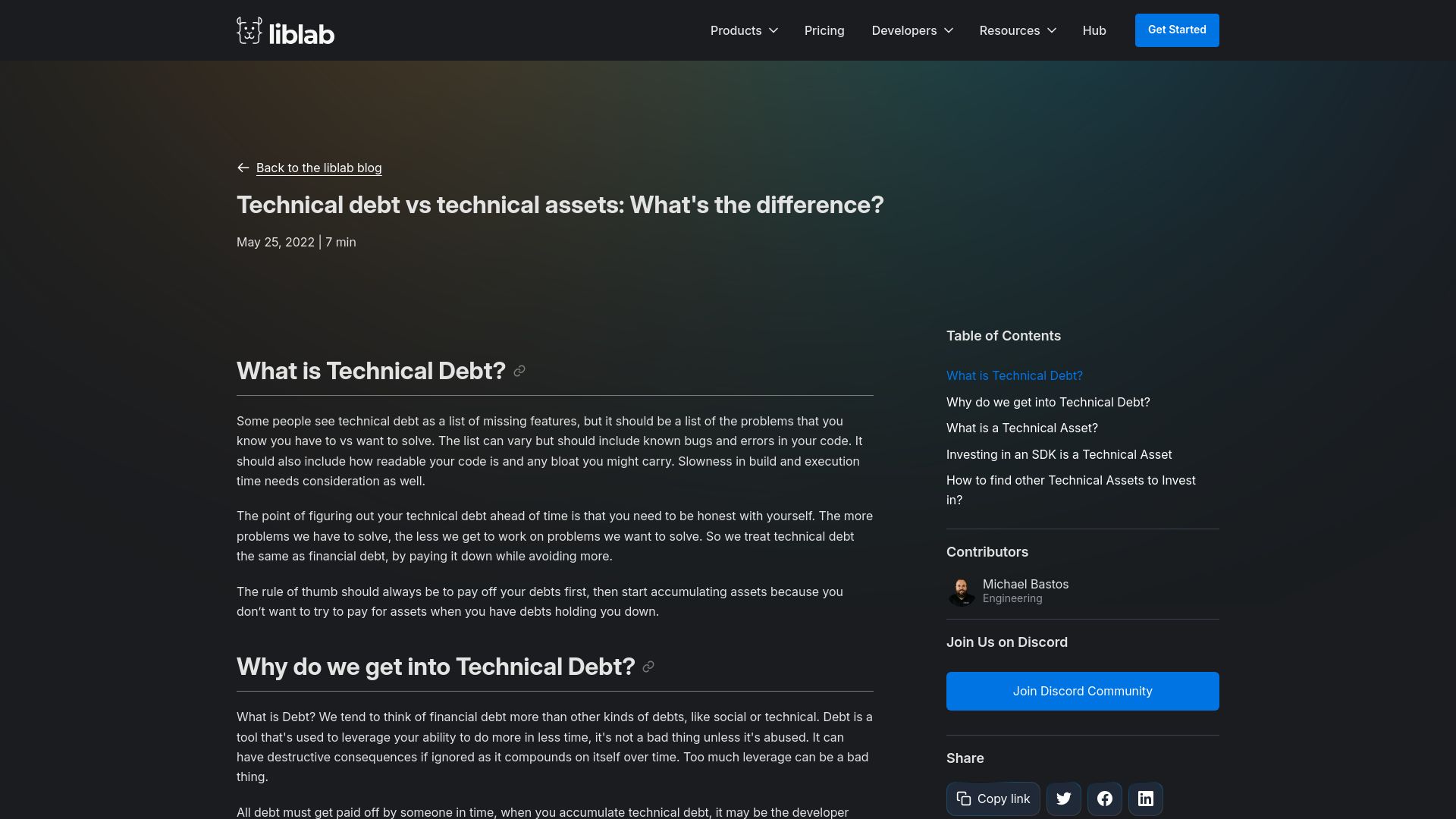 Screenshot of liblab.com: Technical debt vs. technical assets: What's the difference?
