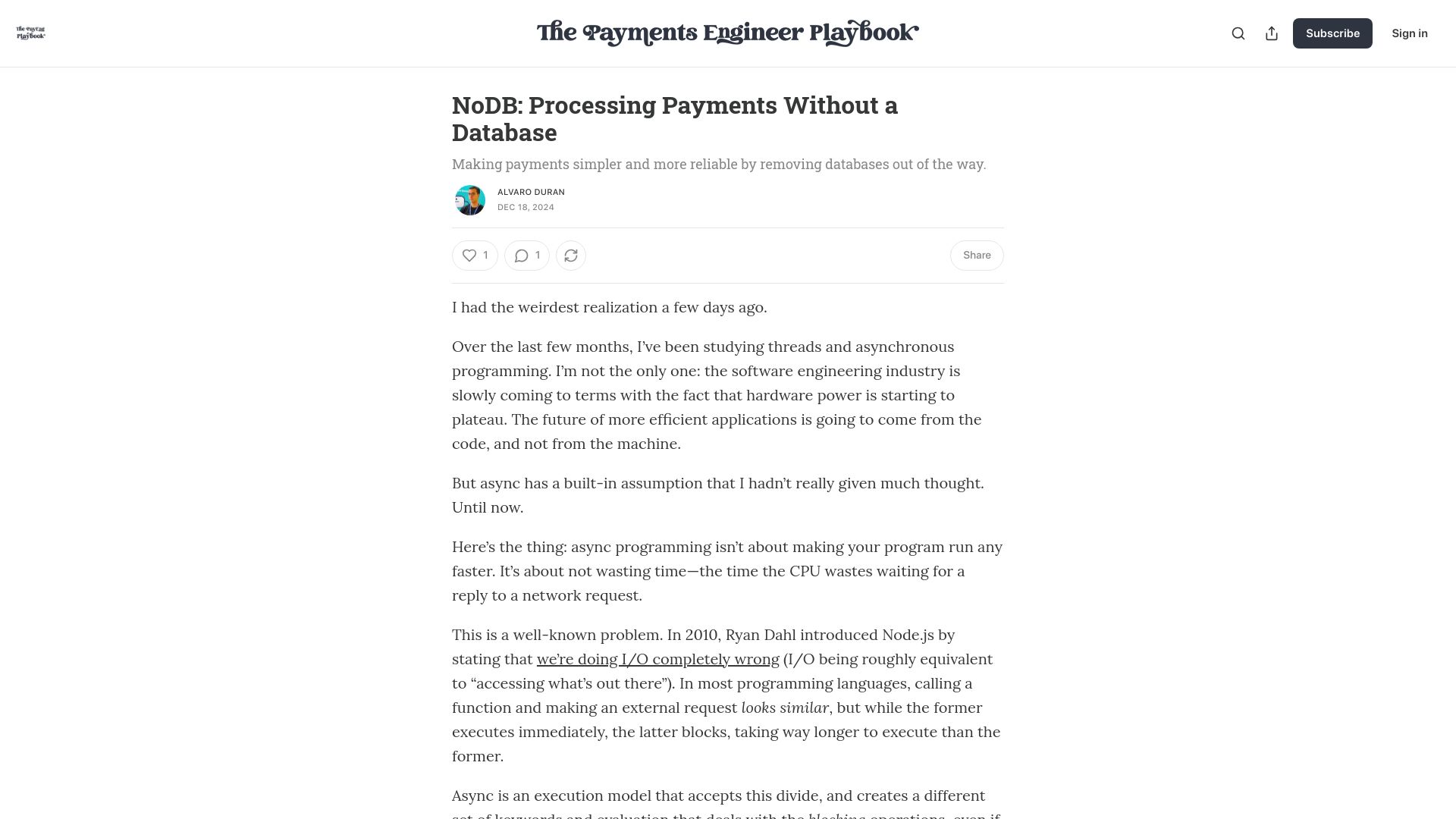Screenshot of news.alvaroduran.com: NoDB: Processing Payments Without a Database