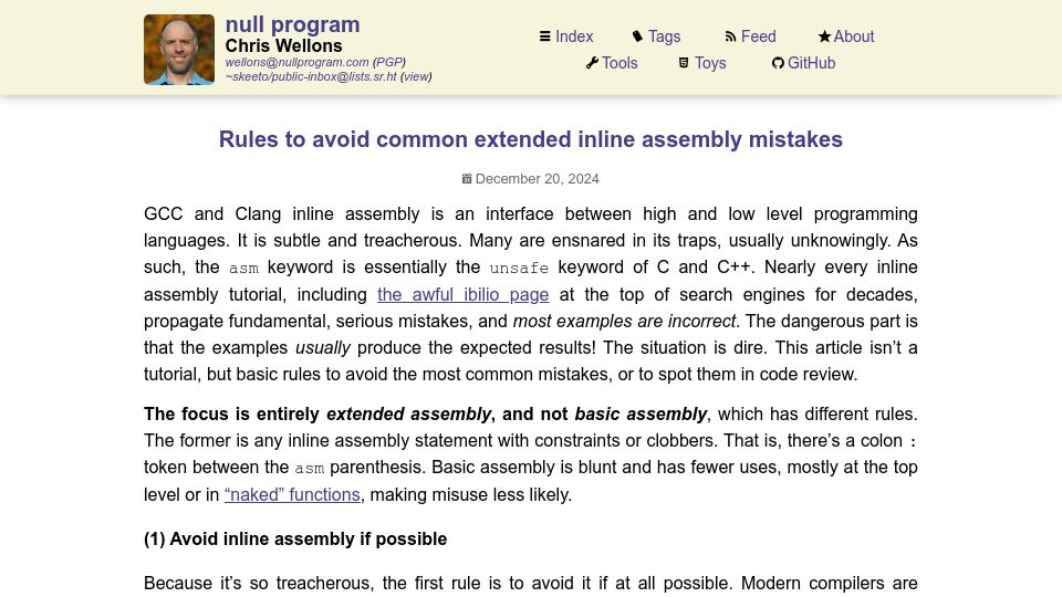 Screenshot of nullprogram.com: Rules to avoid common extended inline assembly mistakes