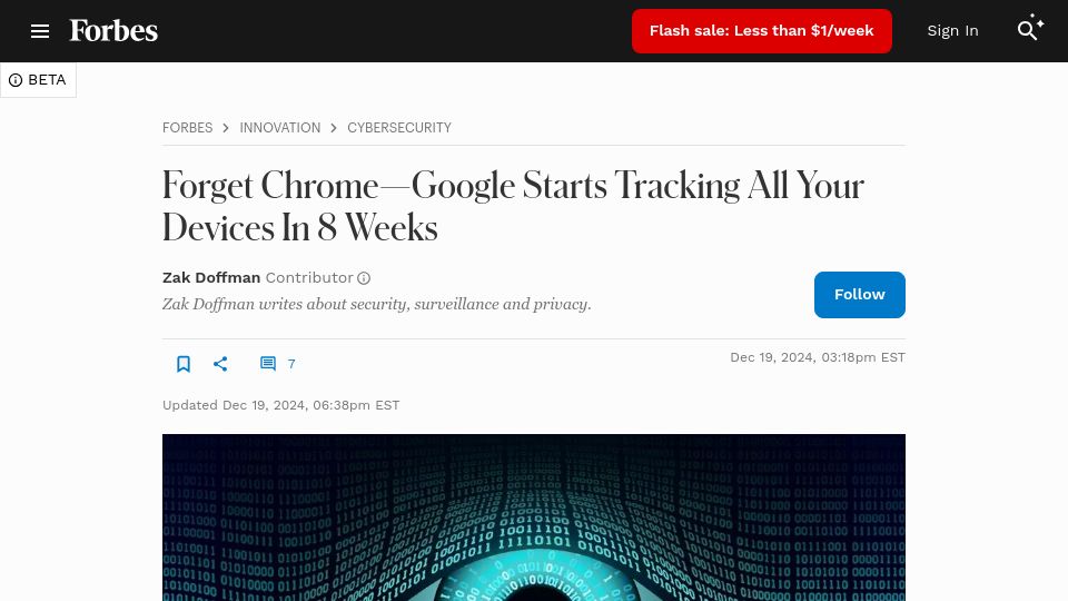 Screenshot of forbes.com: Google starts tracking all your devices in 8 weeks
