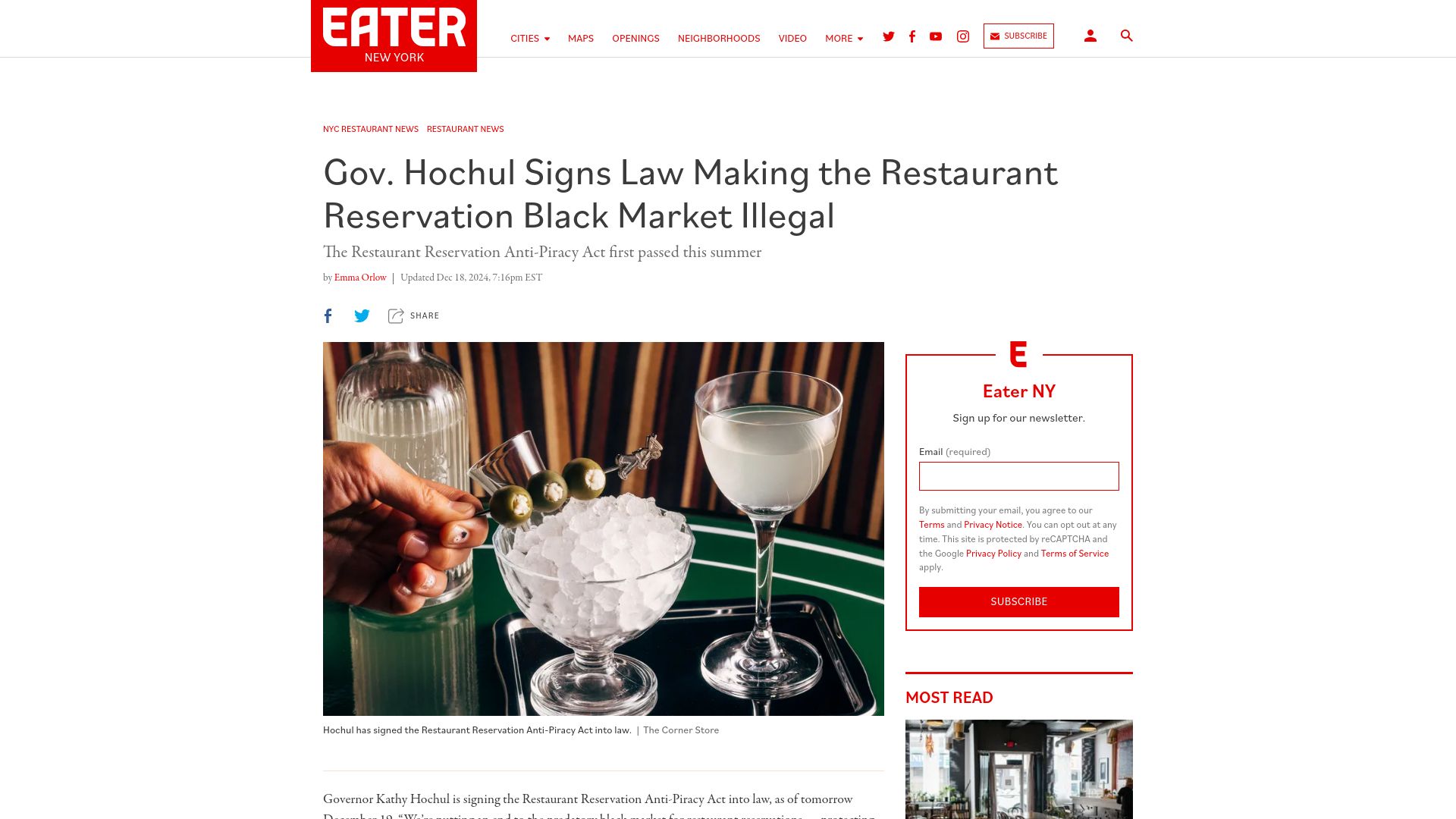 Screenshot of ny.eater.com: NY governor signs law making the restaurant reservation black market illegal