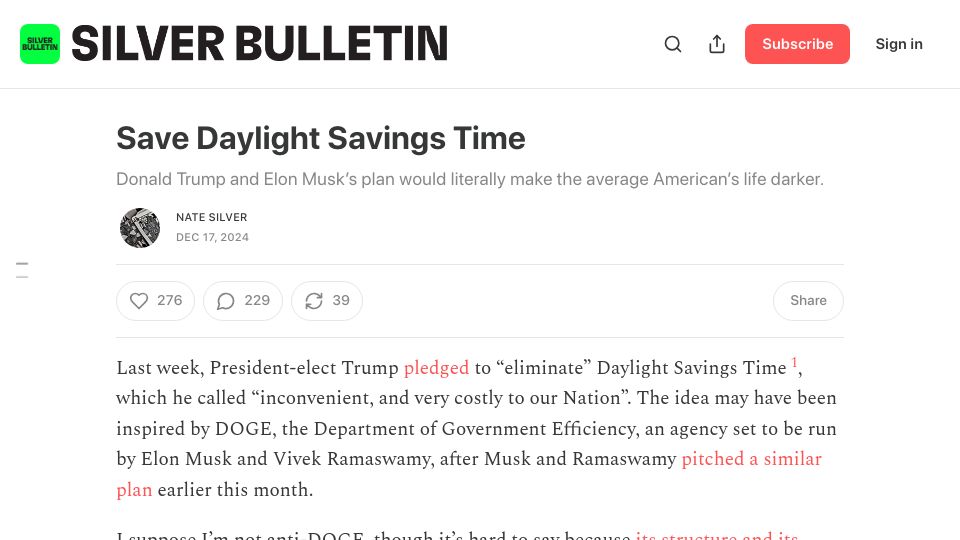 Screenshot of natesilver.net: Eliminating Daylight Savings Time would make the average American’s life darker