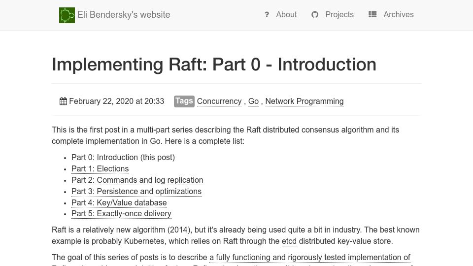 Screenshot of eli.thegreenplace.net: Implementing Raft: Part 0 – Introduction (2020)