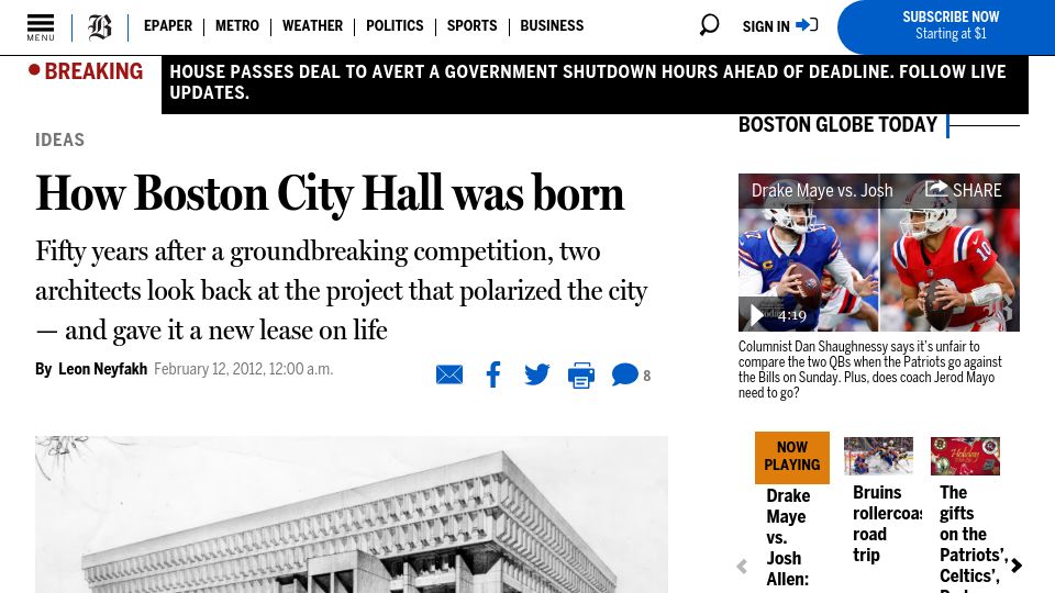 Screenshot of bostonglobe.com: How Boston City Hall was born