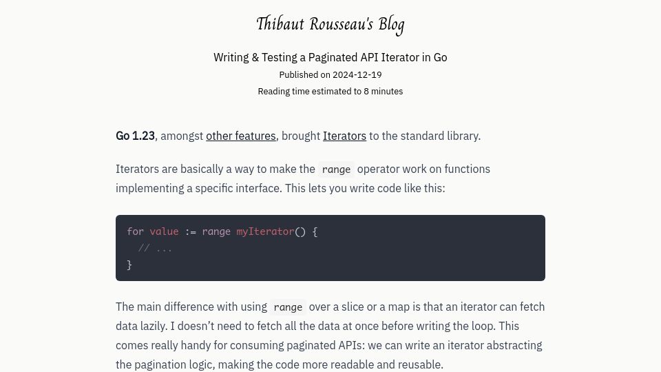Screenshot of blog.thibaut-rousseau.com: Writing and testing a paginated API iterator in Go
