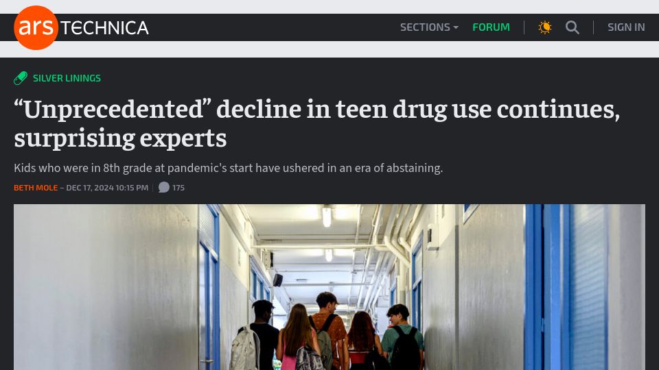 Screenshot of arstechnica.com: Decline in teen drug use continues, surprising experts