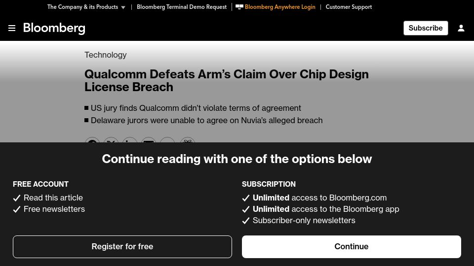 Screenshot of bloomberg.com: Qualcomm wins licensing fight with Arm over chip designs