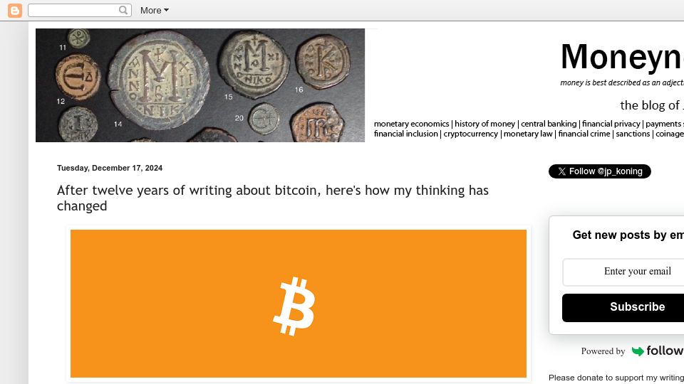 Screenshot of jpkoning.blogspot.com: After twelve years of writing about Bitcoin, here's how my thinking has changed