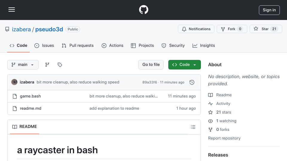 Screenshot of github.com: A Raycaster in Bash