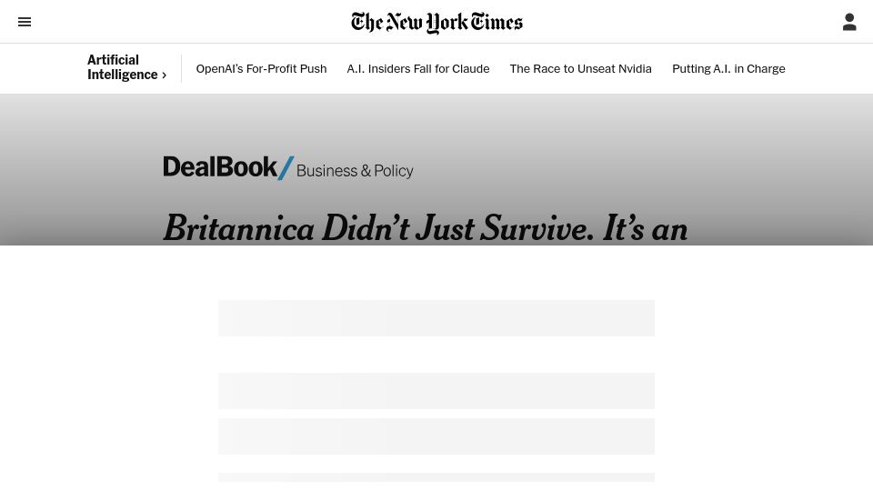 Screenshot of nytimes.com: Britannica Didn’t Just Survive. It’s an A.I. Company Now.
