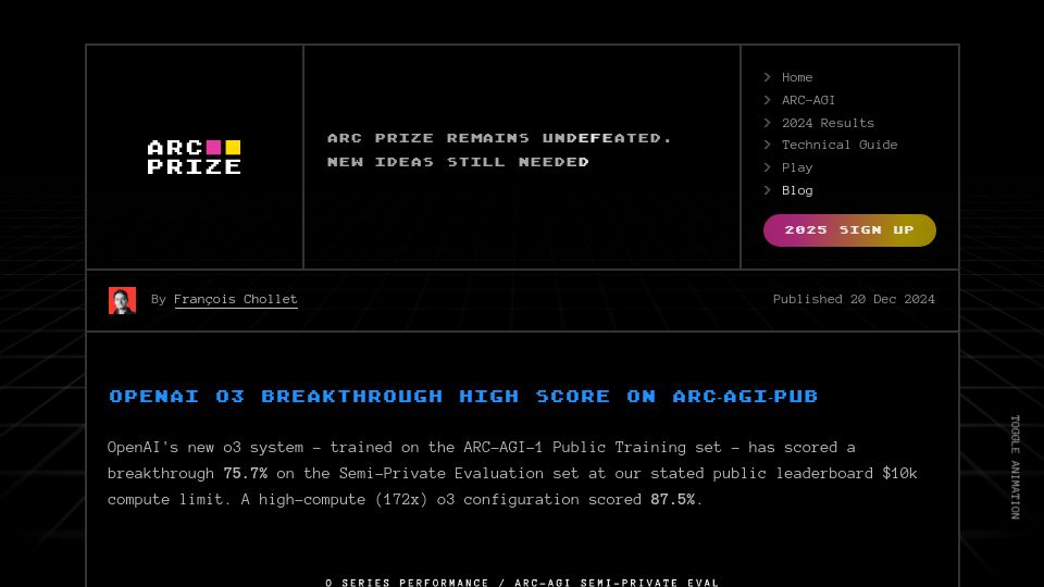 Screenshot of arcprize.org: OpenAI O3 breakthrough high score on ARC-AGI-PUB