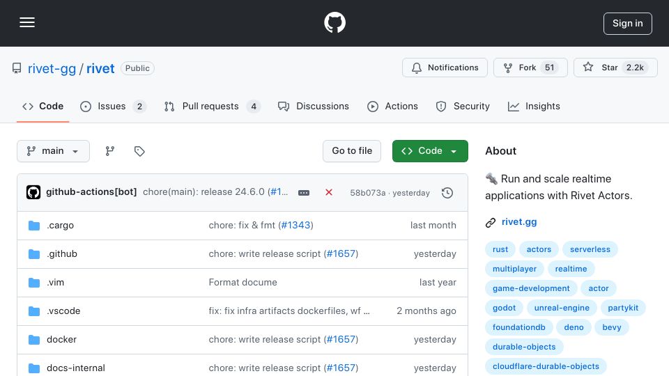 Screenshot of github.com: Show HN: Rivet Actors – Durable Objects build with Rust, FoundationDB, Isolates