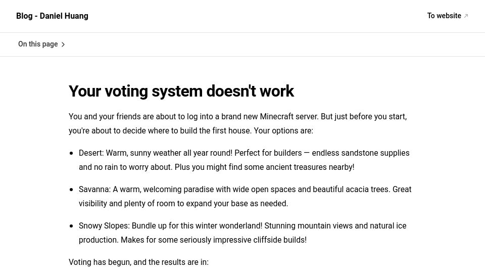 Screenshot of blog.danielh.cc: My vote on voting systems