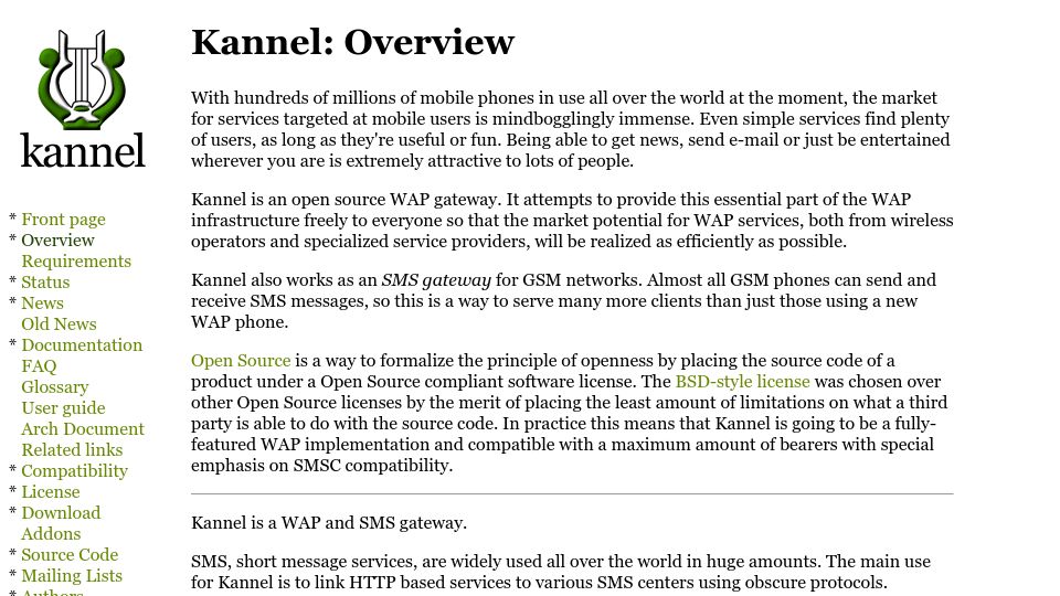 Screenshot of kannel.org: Kannel: Open-Source WAP and SMS Gateway