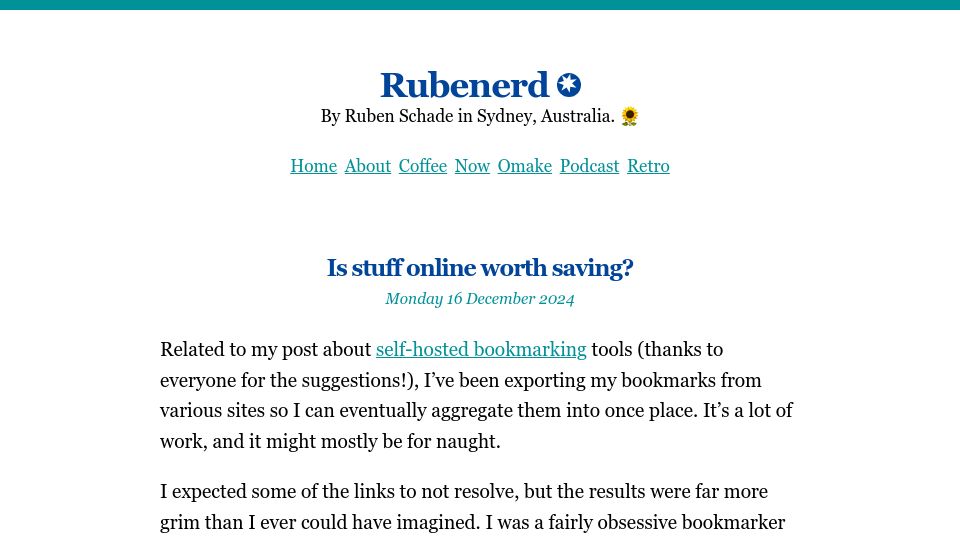 Screenshot of rubenerd.com: Is stuff online worth saving?