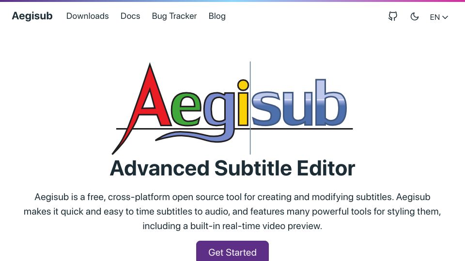 Screenshot of aegisub.org: Aegisub 3.4 – Open-Source Subtitle Editor