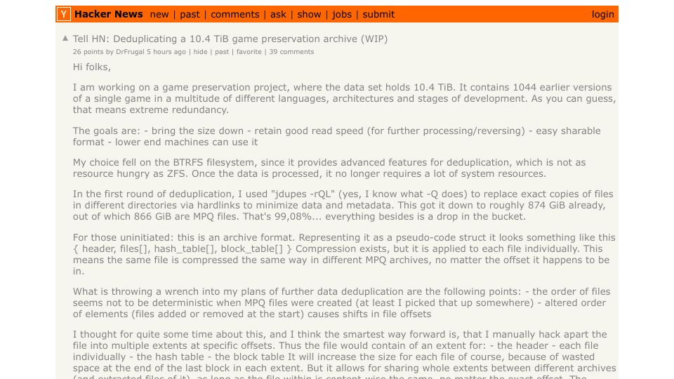 Screenshot of Hacker News post: Tell HN: Deduplicating a 10.4 TiB game preservation archive (WIP)