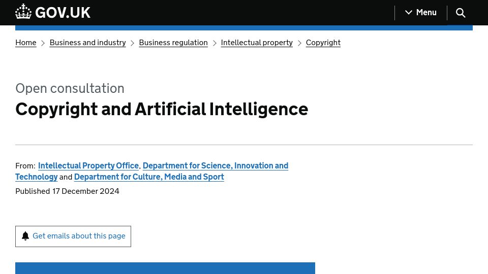 Screenshot of gov.uk: UK Gov Open Consultation: Copyright and Artificial Intelligence