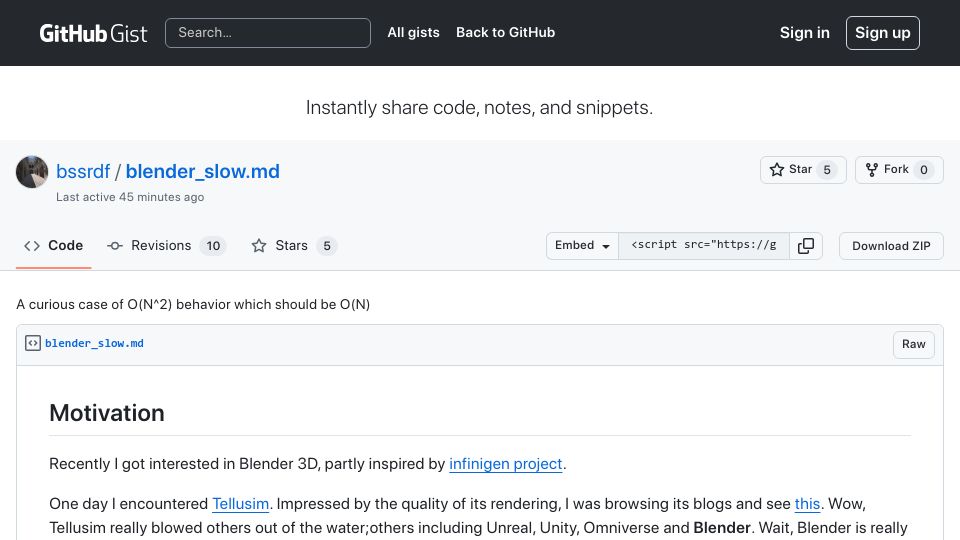 Screenshot of gist.github.com: A curious case of O(N^2) behavior which should be O(N) (2023)