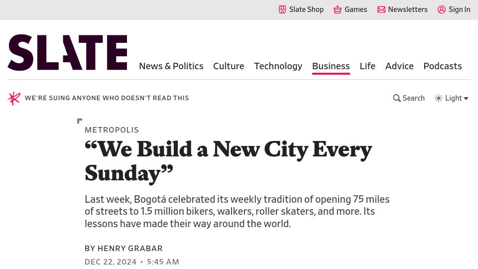 Screenshot of slate.com: Bogotá’s open streets program is the oldest and most successful