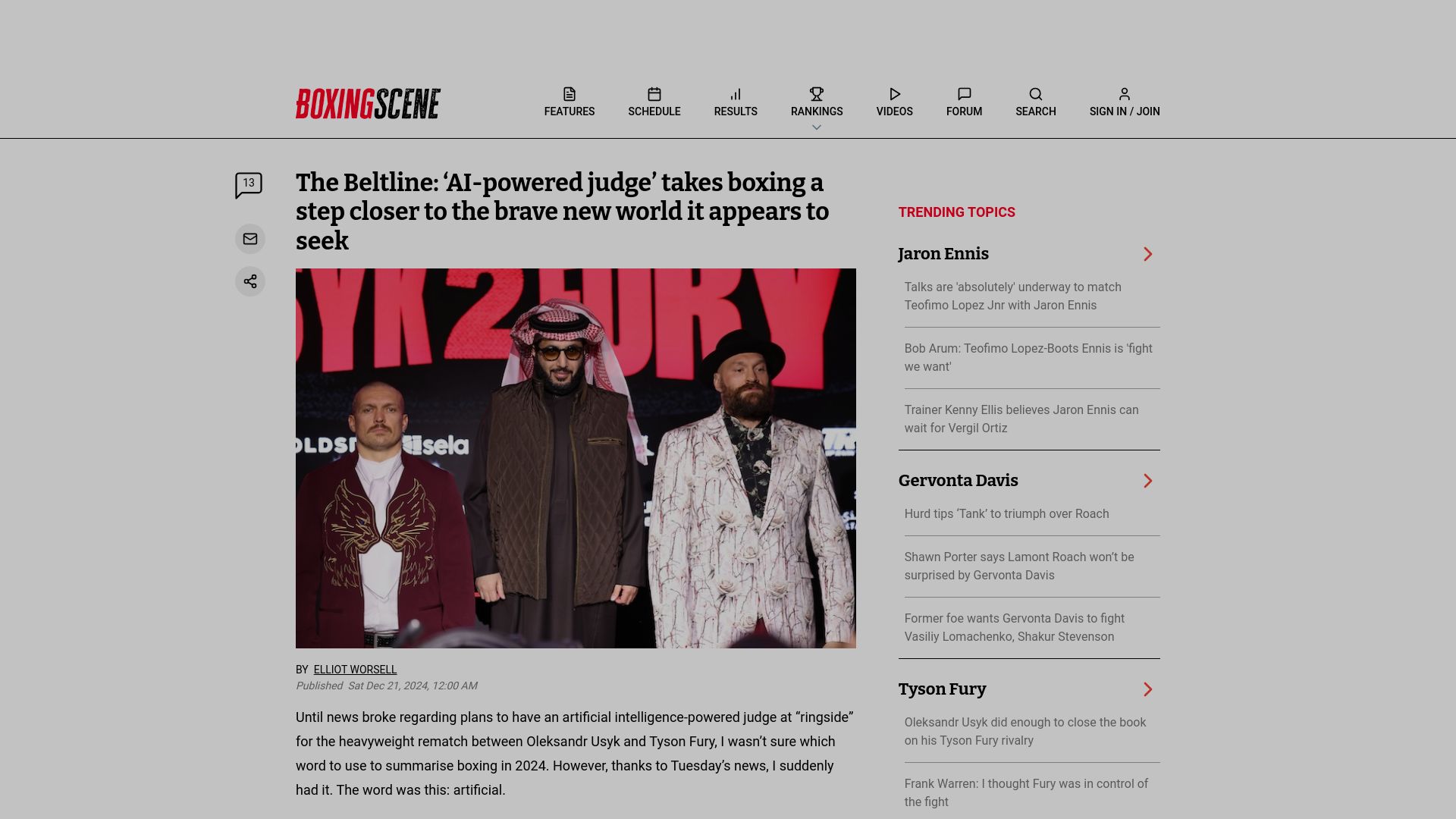 Screenshot of boxingscene.com: 'AI-powered judge' takes boxing closer to brave new world it appears to seek