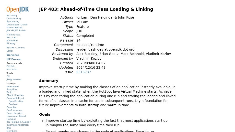 Screenshot of openjdk.org: JEP 483: Ahead-of-Time Class Loading and Linking
