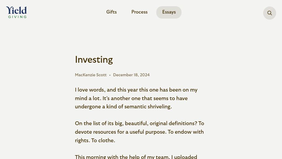 Screenshot of yieldgiving.com: MacKenzie Scott donates over $2B in 2024 to 199 organizations