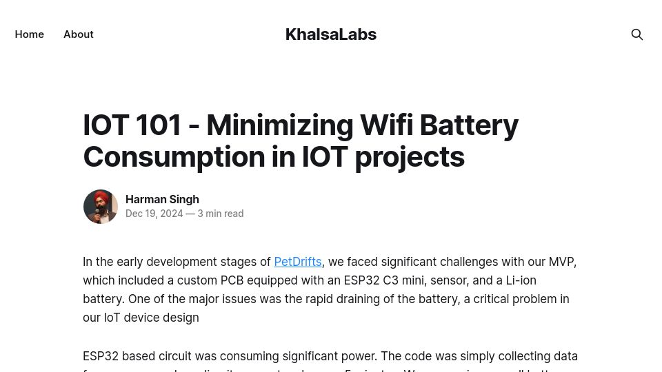 Screenshot of khalsalabs.com: We saved battery in our ESP32 WiFi circuits (TCP vs UDP)