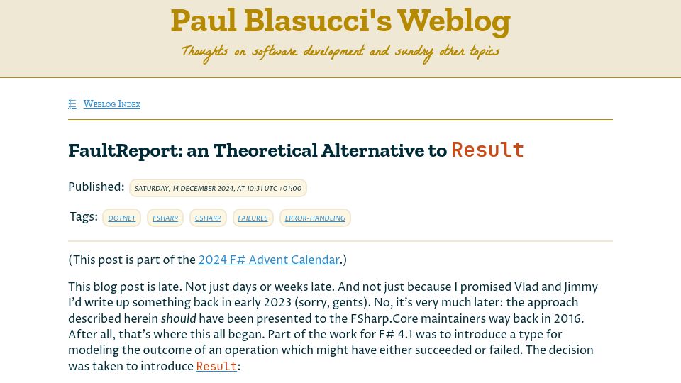 Screenshot of paul.blasuc.ci: Fault Report – and alternative to Result in F#