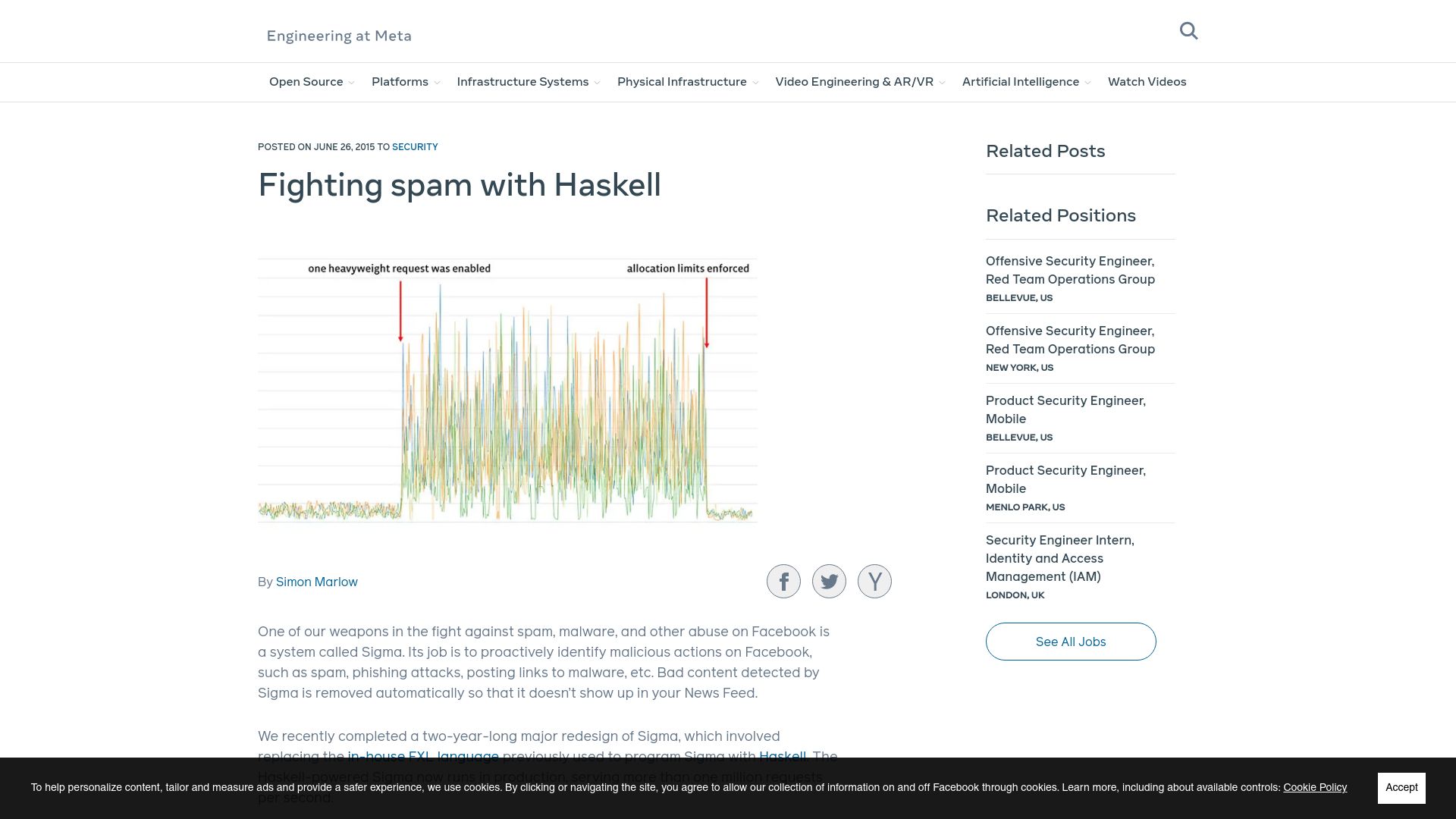 Screenshot of engineering.fb.com: Fighting spam with Haskell at Meta (2015)