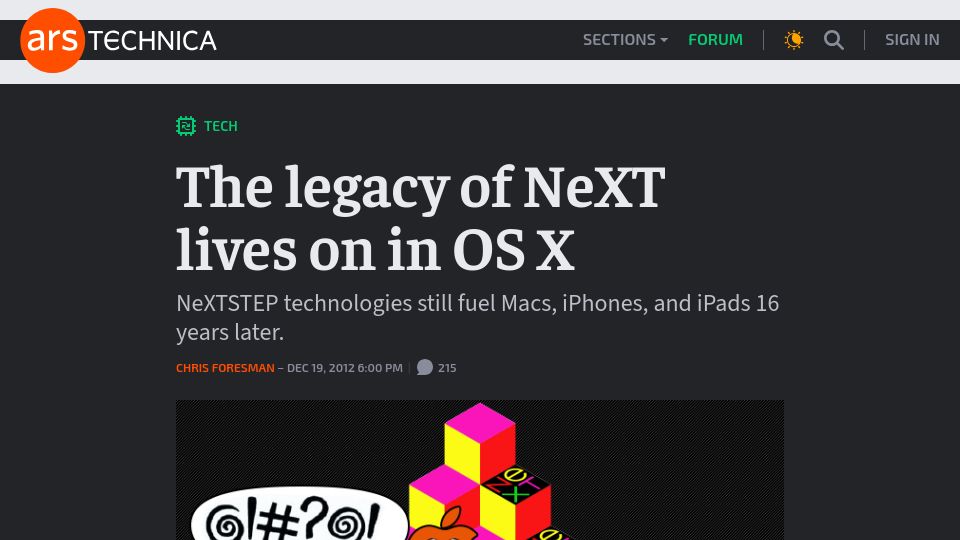Screenshot of arstechnica.com: The legacy of NeXT lives on in OS X (2012)
