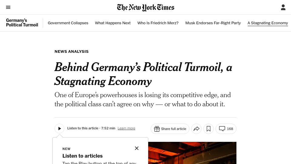 Screenshot of nytimes.com: Behind Germany's Political Turmoil, a Stagnating Economy