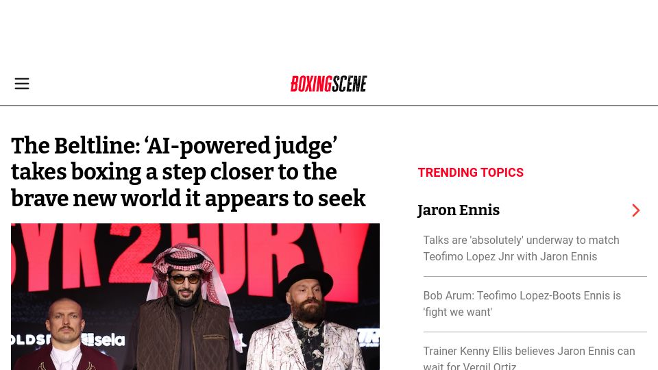 Screenshot of boxingscene.com: 'AI-powered judge' takes boxing closer to brave new world it appears to seek