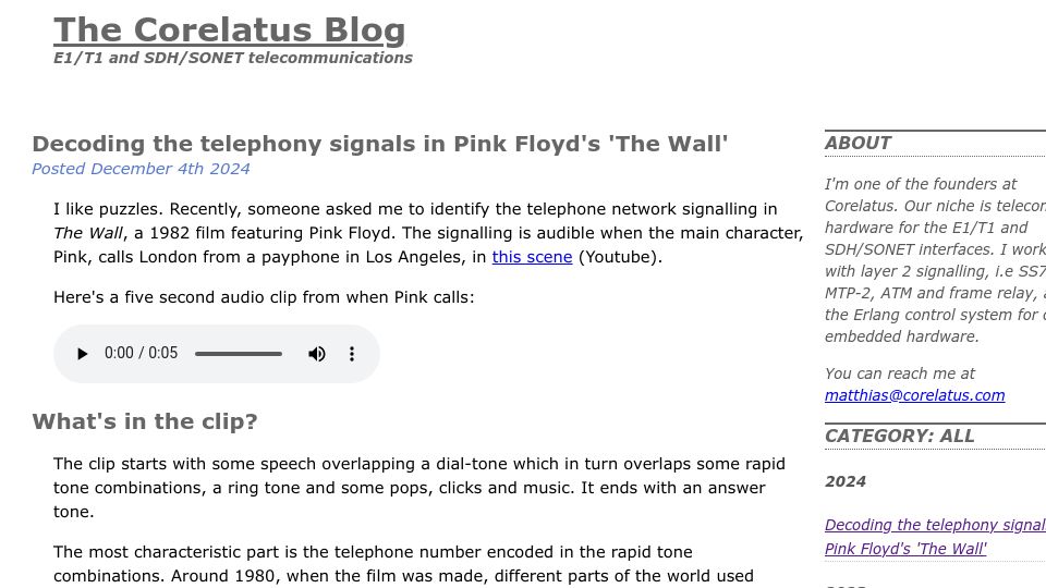 Screenshot of corelatus.com: Decoding the telephony signals in Pink Floyd's 'The Wall'