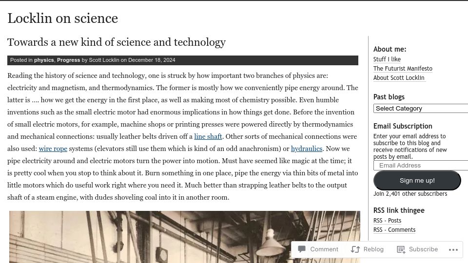 Screenshot of scottlocklin.wordpress.com: Towards a new kind of science and technology