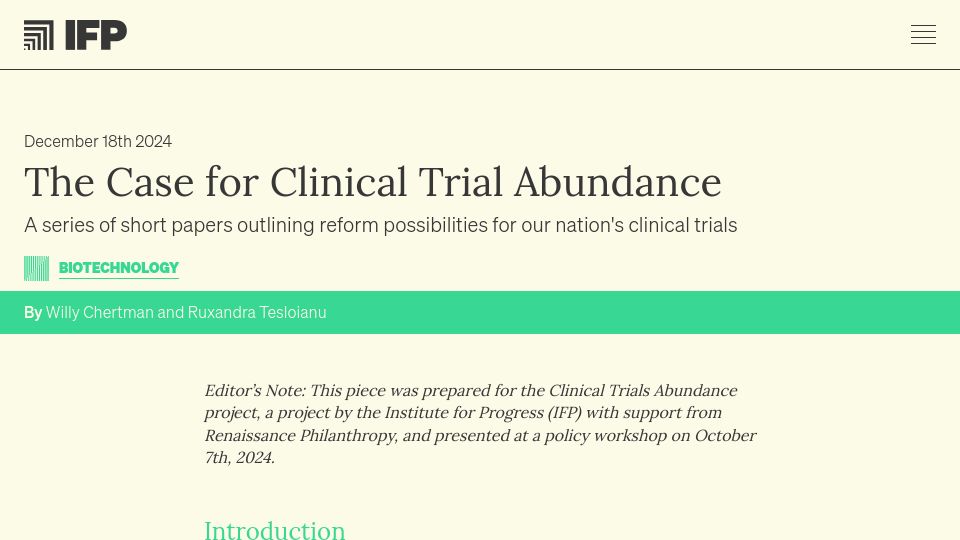 Screenshot of ifp.org: The case for clinical trial abundance