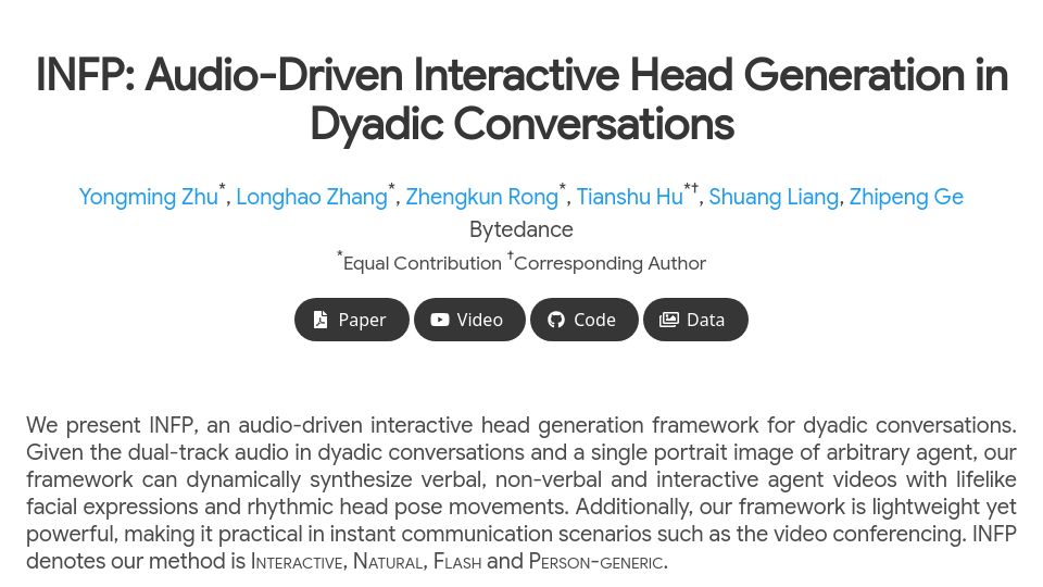 Screenshot of grisoon.github.io: INFP: Audio-Driven Interactive Head Generation in Dyadic Conversations