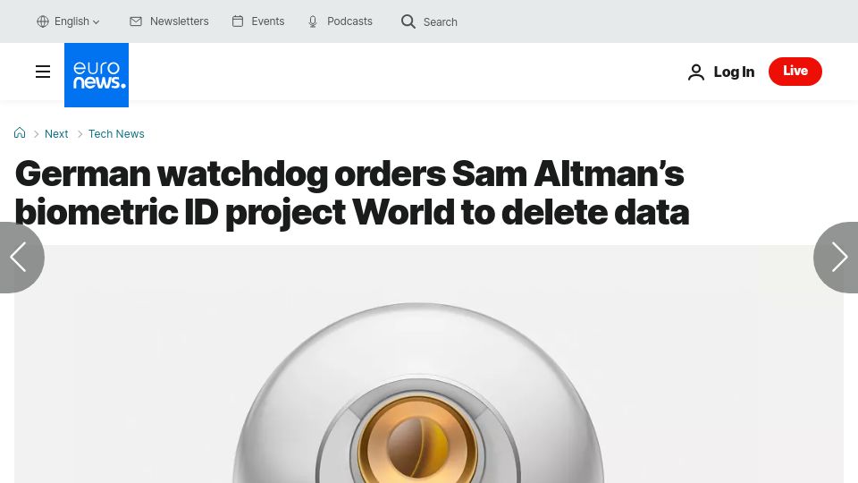 Screenshot of euronews.com: German watchdog orders Sam Altman's biometric ID project World to delete data