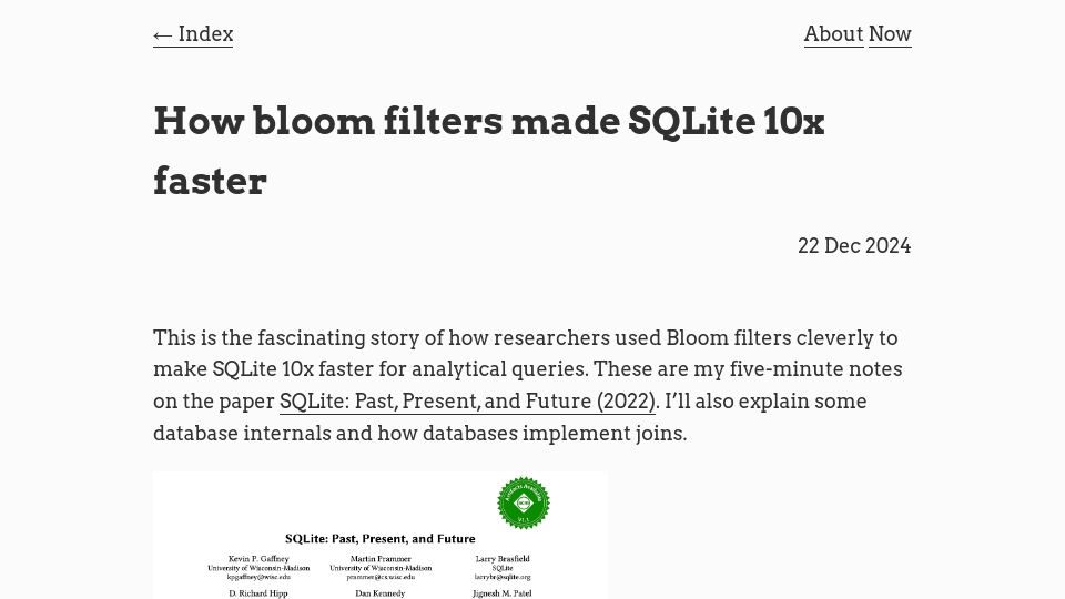 Screenshot of avi.im: How bloom filters made SQLite 10x faster