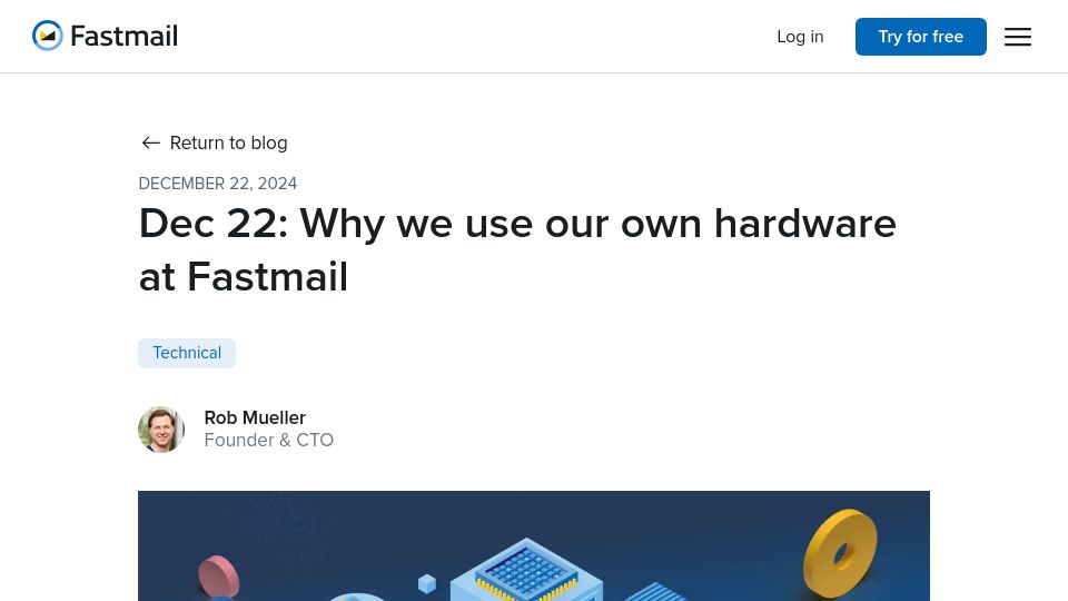Screenshot of fastmail.com: Why we use our own hardware