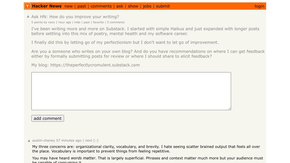 Screenshot of Hacker News post: Ask HN: How do you improve your writing?