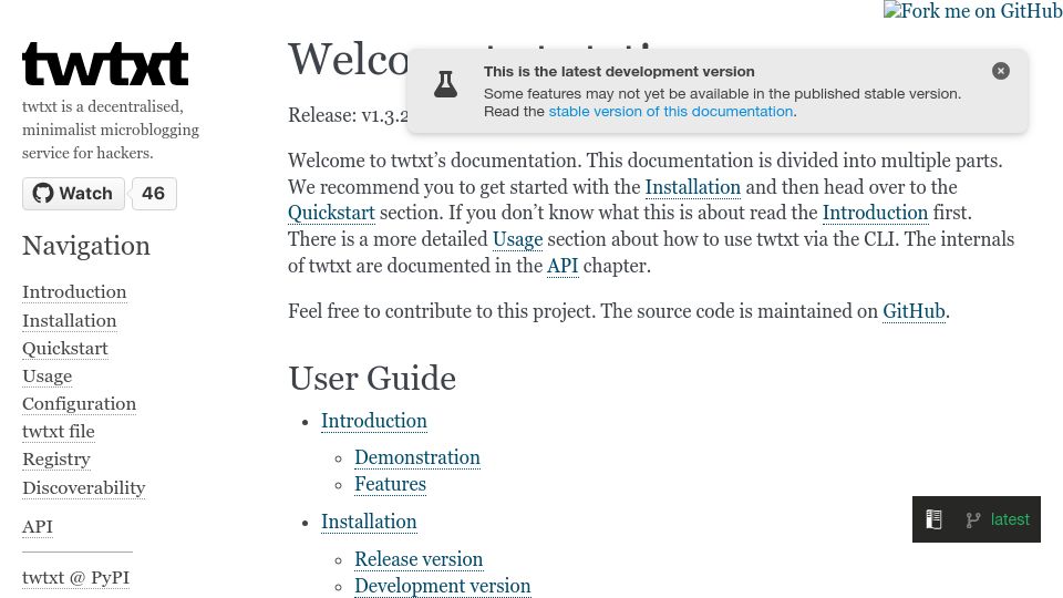 Screenshot of twtxt.readthedocs.io: Twtxt is a decentralised, minimalist microblogging service for hackers