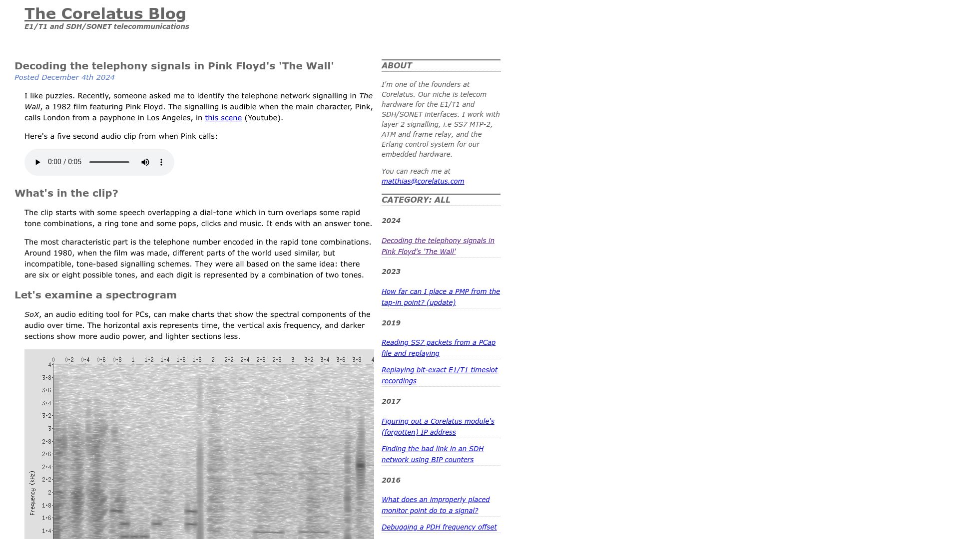 Screenshot of corelatus.com: Decoding the telephony signals in Pink Floyd's 'The Wall'