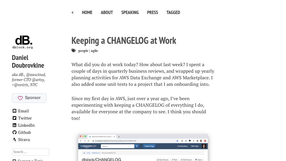 Screenshot of code.dblock.org: Keeping a Changelog at Work (2020)
