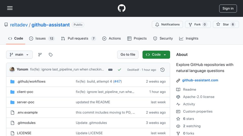 Screenshot of github.com: Show HN: GitHub-assistant – Natural language questions from your GitHub data