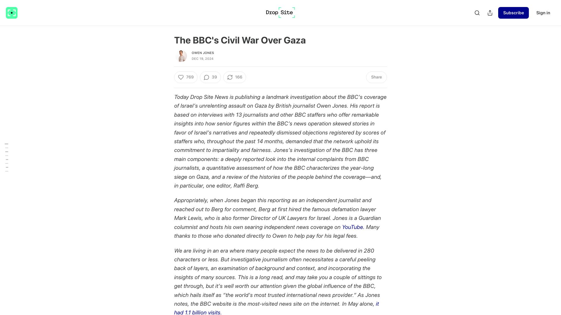 Screenshot of dropsitenews.com: The BBC's Civil War over Gaza