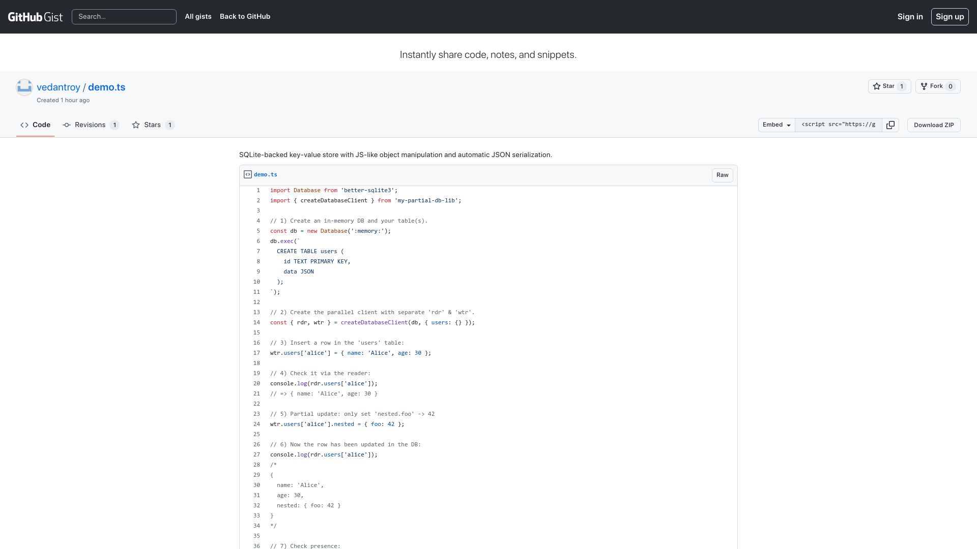 Screenshot of gist.github.com: Show HN: NoSQL, but it's SQLite