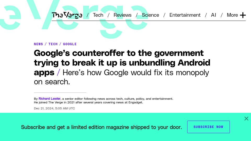 Screenshot of theverge.com: Google's counteroffer to govt trying to break it up is unbundling Android apps